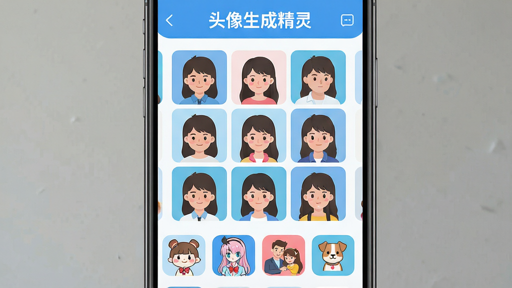 一张手机屏幕展示头像生成精灵软件主界面,画面中央是九宫格头像预览区,上方有“头像生成精灵”标题文字,下方排列着卡通、动漫、情侣、宠物等多种风格分类按钮,整体采用清新蓝白配色,扁平化UI设计风格,细节清晰,画质干净,无多余元素