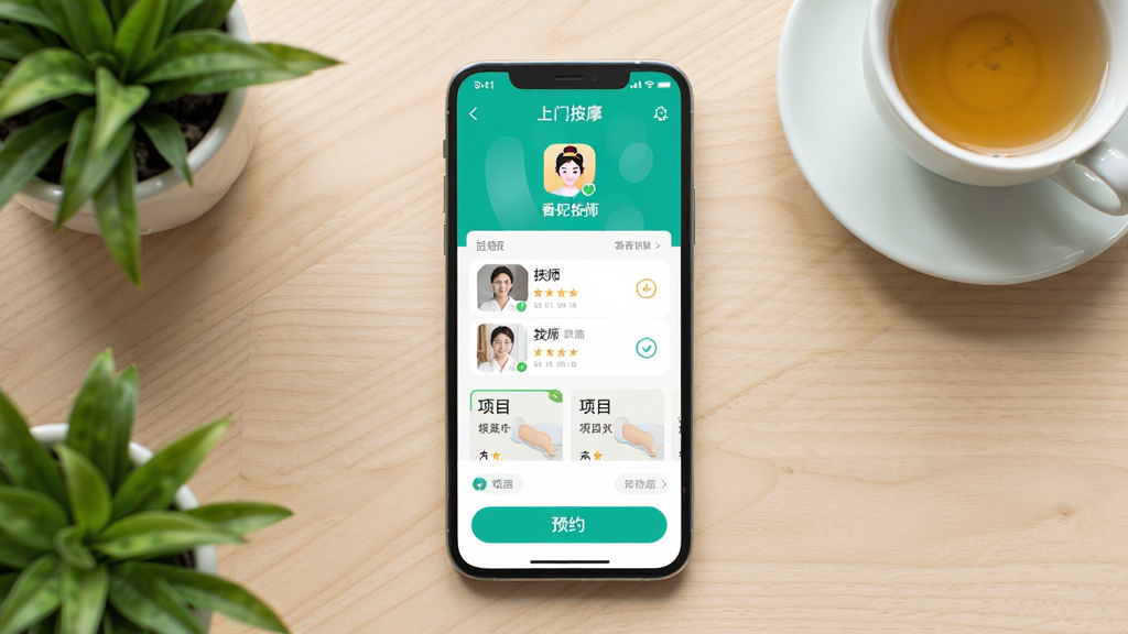 画面主体是一部智能手机屏幕显示香妃上门按摩应用首页界面,布局为手机居中放置于浅色木质桌面,周围点缀绿植与茶杯,排版突出应用图标与预约按钮,风格为清新写实产品展示风,细节包含界面上的技师列表与项目分类卡片,画质清晰明亮,干净无多余元素