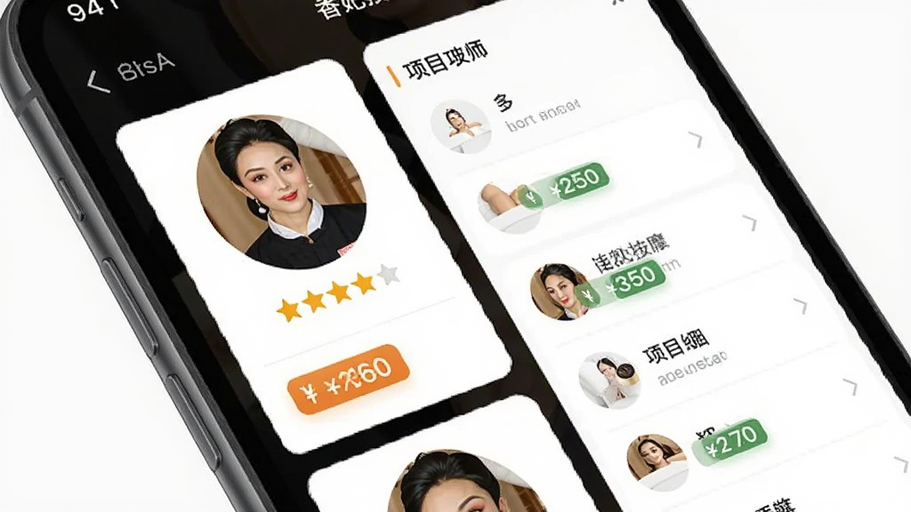 手机应用界面展示香妃上门按摩的项目分类页面,主体为手机屏幕特写,布局采用左右分栏展示技师卡片与项目列表,排版整齐清晰,风格为现代简约UI展示风,细节包含技师头像、星级评分与项目价格标签,画质细腻,干净无多余元素