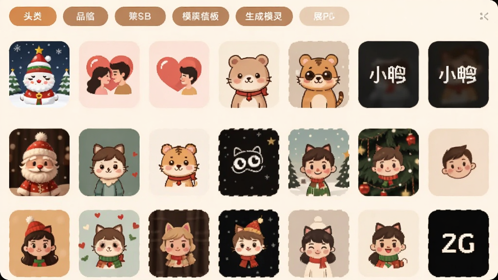 头像生成精灵模板库页面展示,画面以网格形式排列着数十款风格各异的头像模板缩略图,包括圣诞主题、情侣爱心、卡通动物、简约文字等类别,页面顶部有分类筛选标签栏,整体采用暖色调圆角卡片设计,布局整齐美观,画质干净无杂乱