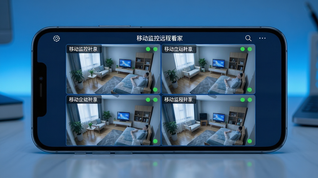 画面主体为一部手机横屏显示多路监控画面网格,布局为四宫格监控画面排列在手机屏幕内,排版为手机居中放置于桌面,风格为科技蓝调现代风,细节包括每格画面标注房间名称与在线状态圆点、屏幕顶部显示