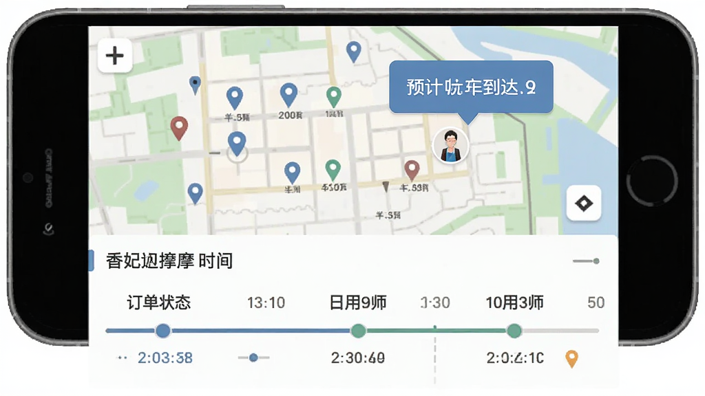 香妃上门按摩订单追踪界面示意图,主体为手机屏幕显示地图与技师位置标记,布局为地图占上半部分、订单状态时间轴占下半部分,排版层次分明,风格为扁平化信息图表风,细节包含预计到达时间文字与技师头像气泡,画质清晰,干净无多余元素