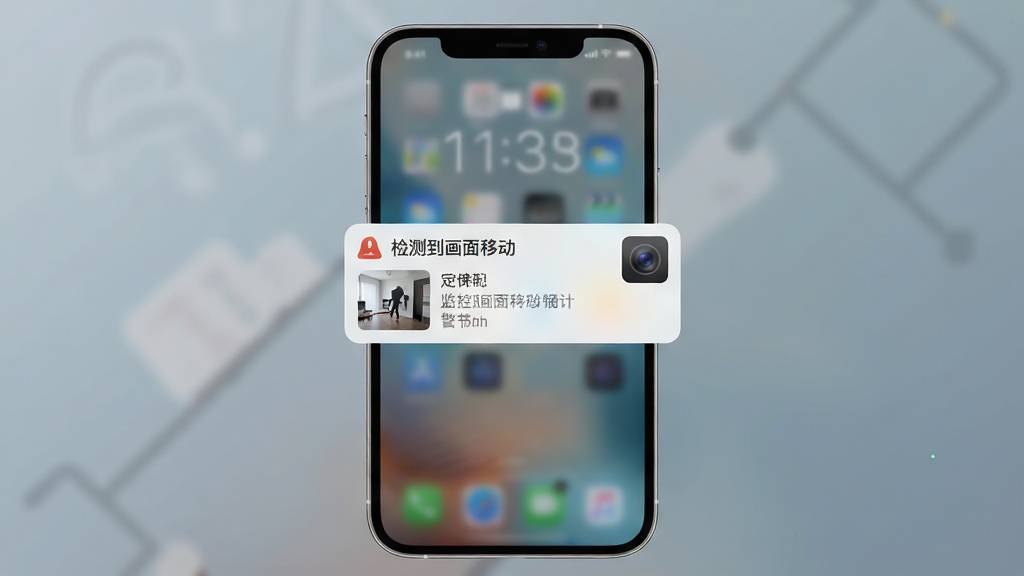 画面主体为手机弹出监控告警通知卡片,布局为通知卡片悬浮于手机锁屏界面中央,排版为手机竖屏居中,风格为简洁明快的扁平化设计,细节包括卡片上显示