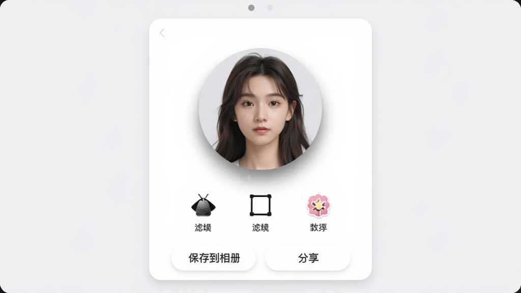 头像生成精灵导出设置界面,画面中央是一个圆形头像预览图带有柔和的阴影效果,下方排列着滤镜、边框、贴纸三个功能图标,底部有“保存到相册”和“分享”两个按钮,整体采用浅灰色背景搭配白色卡片,风格简约清爽,画质细腻干净