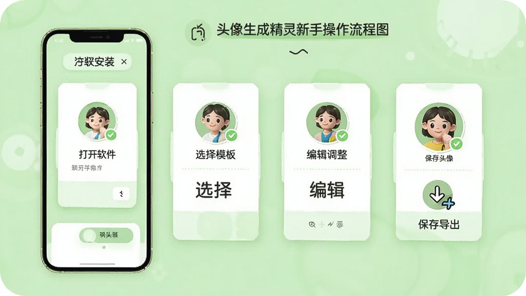 头像生成精灵新手操作流程图,画面以手机屏幕形式展示从安装到生成头像的四个步骤,依次为打开软件、选择模板、编辑调整、保存导出,每个步骤配有简洁图标和文字说明,整体采用浅绿色背景搭配白色卡片,风格清新友好,画质干净清晰