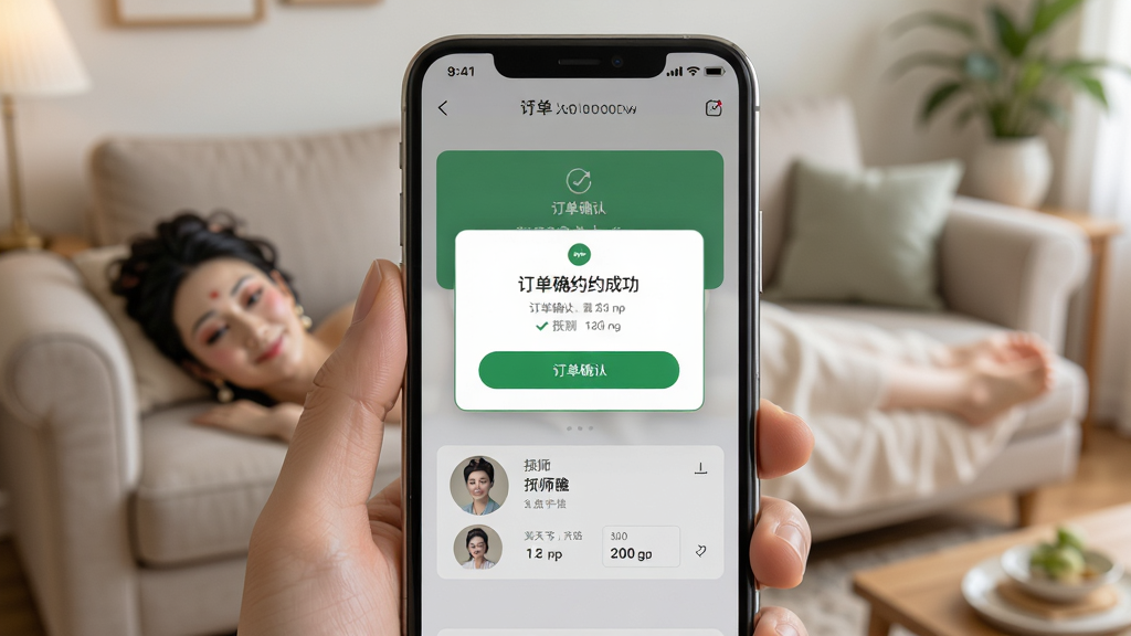 香妃上门按摩移动端使用场景示意图,主体为一只手握持手机显示预约成功页面,布局为手机特写居中、背景为居家客厅虚化,排版突出屏幕内容,风格为生活场景写实风,细节包含屏幕上的订单确认弹窗与技师信息卡片,画质自然柔和,干净无多余元素