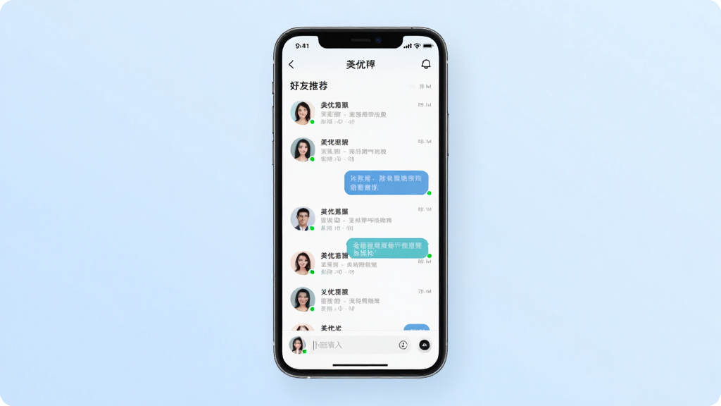 一张展示美优社交应用界面的手机样机图,画面中央是一部竖屏智能手机,屏幕上显示美优APP的好友推荐列表与聊天气泡界面,背景为柔和的浅蓝渐变,布局简洁居中,风格为现代扁平化UI展示,细节包含圆形头像、在线状态圆点、消息输入框,画质清晰干净,无多余元素