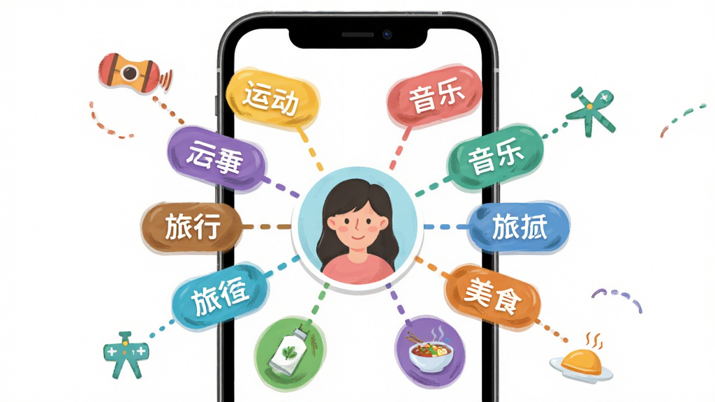 一张表现美优兴趣标签匹配功能的示意图,主体为手机屏幕内多个彩色兴趣标签环绕用户头像,布局呈放射状,风格为清新插画风,细节包含运动、音乐、旅行、美食等文字标签与连线动画效果,画质明亮干净,无多余元素