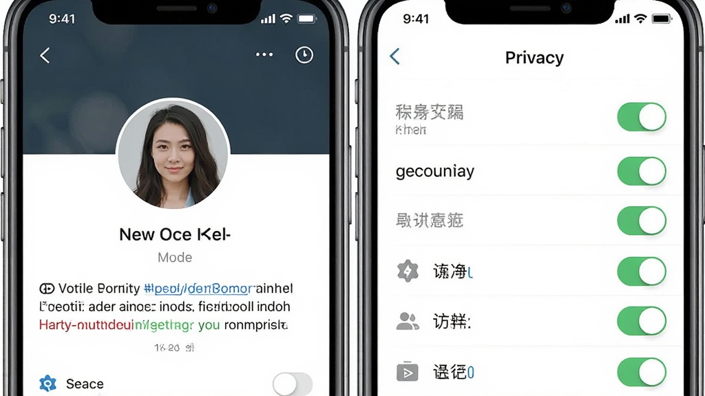 一张展示美优个人主页与隐私设置界面的手机截图风格图,画面为两部并排的手机,左侧显示个人主页头像与简介,右侧显示隐私开关列表,布局左右对称,风格为简洁商务风,细节包含开关按钮、访客记录图标,画质清晰干净,无多余元素