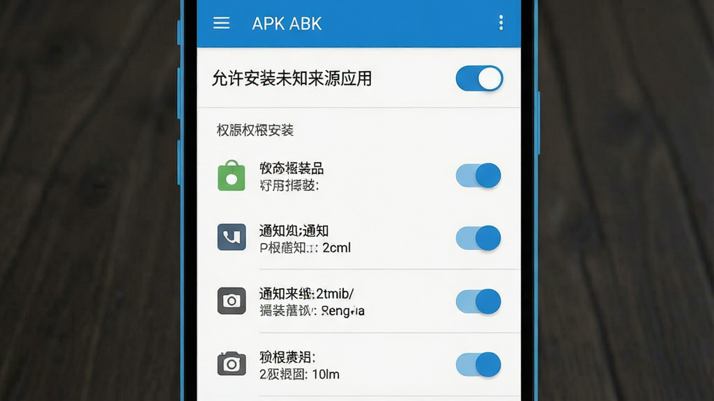 一张展示安卓手机安装APK时权限设置界面的示意图,画面为手机屏幕特写,显示“允许安装未知来源应用”开关与权限列表,布局为竖屏居中,风格为科技蓝扁平化,细节包含存储、通知、相机权限图标与开关状态,画质清晰干净,无多余元素