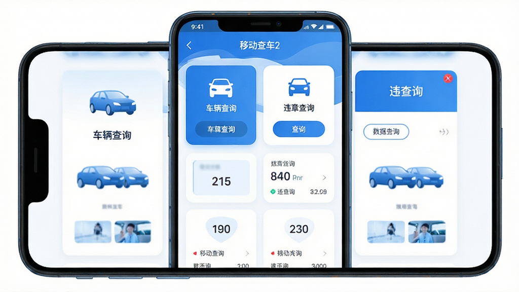 �ƶ��鳵2����������չʾ������Ϊһ����׿�ֻ���Ļ����Ļ�ڳ��ֳ�����ѯ���ܿ�Ƭ��Υ�²�ѯ��ڵĽ��沼�֣��Ű���жԳƣ����Ϊ��ˬ�Ƽ�����ɫ����ϸ�ڰ�������ͼ�ꡢ��ѯ��ť�����ݿ�Ƭ��Ԫ�أ�������������������ɾ����࣬�޶���װ��Ԫ��