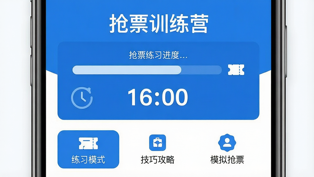 һ���ֻ���Ļ��д�����������ǡ���Ʊѵ��Ӫ��Ӧ�������棬������ʾ�������ơ���Ʊѵ��Ӫ�����м�Ϊ��Ʊ��ϰ�������뵹��ʱ���֣��ײ�������ϰģʽ�����ɹ��ԡ�ģ����Ʊ�������ܰ�ť���������������ɫ�����������Գƣ����Ϊ��ƽ���Ƽ���UI��ƣ�ϸ�ڰ�����Ʊͼ����ʱ��Ԫ�أ����������ɾ����޶���װ��Ԫ��