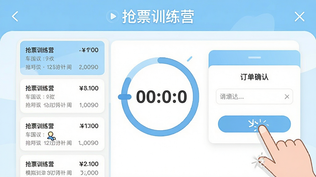 һ���ֻ�Ӧ�ý����ͼ���廭������չʾ����Ʊѵ��Ӫ��ģ����Ʊ��ϰҳ�棬���Ϊ�����б���Ƭ���Ҳ�Ϊ����ȷ�ϵ������м�����Ŀ�ĵ���ʱԲ�������涥����ע����Ʊѵ��Ӫ���������������ǳ�����ɫ���䣬�����ˬ��Լ��ϸ�ڰ�����ָ�����ť�Ķ���ʾ�⣬���ʸɾ�������������Ԫ��