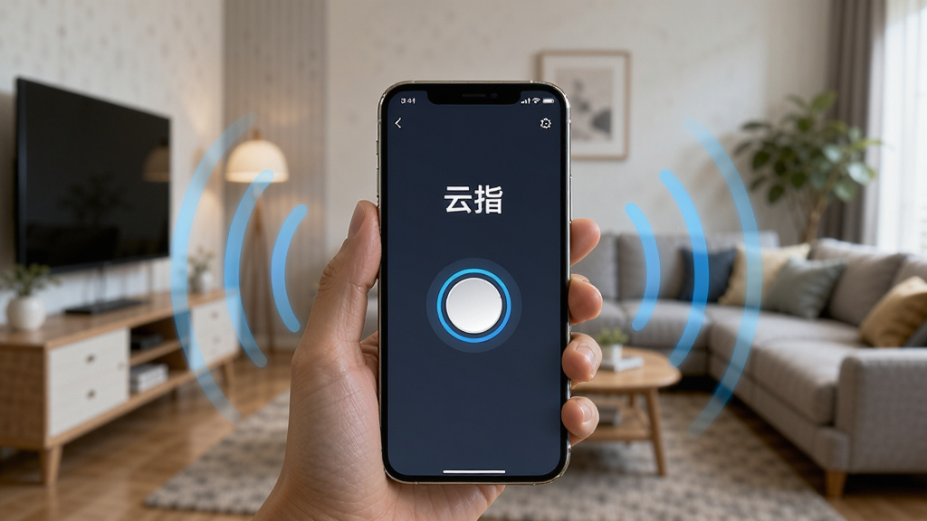 一张展示远程控制场景的示意图,画面中央为一只手握持手机,手机屏幕上显示