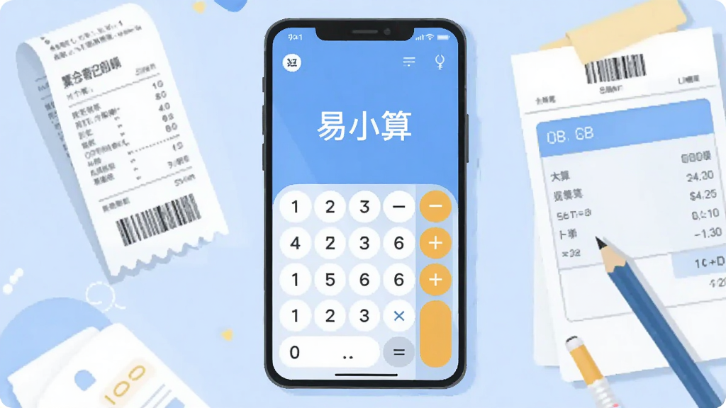 画面主体是一部竖屏智能手机,屏幕中央展示“易小算”计算器界面,界面包含数字键盘与运算符号,布局简洁清晰;手机周围环绕购物小票、账单纸张与铅笔等生活化元素,整体采用扁平化插画风格,色调以浅蓝与白色为主,细节干净利落,画质清晰,无多余装饰元素