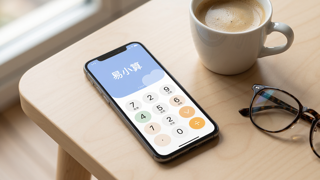 一部手机平放在浅色桌面上,屏幕显示“易小算”主界面,数字按键大而清晰,界面配色柔和;旁边放置一杯咖啡与一副眼镜,营造日常办公氛围,采用写实风格,光线自然柔和,画质细腻,画面干净无杂乱元素