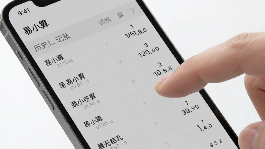 手机屏幕特写,显示“易小算”历史记录列表界面,多条计算记录整齐排列,背景为浅灰色;画面右侧有一只手正在点击屏幕,采用写实风格,细节清晰,光线明亮,整体干净简洁