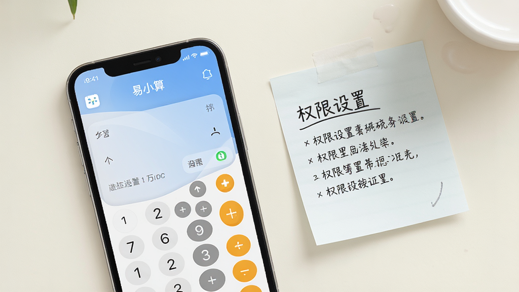 手机屏幕显示“易小算”计算界面,旁边放置一张写有注意事项的便签纸,便签上标注“权限设置”字样;整体采用清新简约风格,浅色背景,光线柔和,画质清晰,画面干净整洁