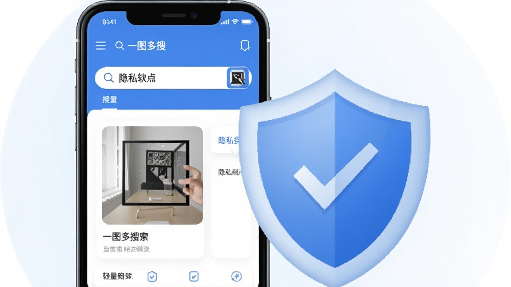 一张表现一图多搜软件轻量安全特点的插画,画面主体是一部手机与一个盾牌图标并排摆放,手机屏幕上显示一图多搜的搜索界面,盾牌象征隐私保护,背景为浅色渐变,风格简洁商务,细节干净,画质清晰,无杂乱元素