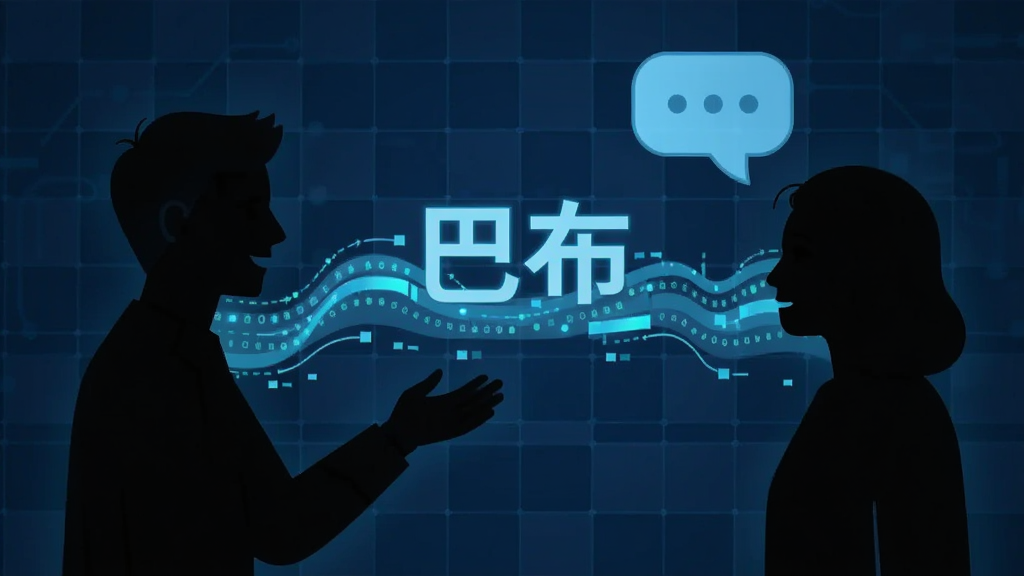 画面主体为两个人物剪影面对面交流,中间以一条发光的数据流连接,数据流上浮现“巴布”字样。左侧人物做出说话手势,右侧人物头顶显示对话气泡。背景为深蓝色科技网格,布局横向展开,风格扁平化插画,细节突出数据流动感,画质干净清晰,无杂乱元素