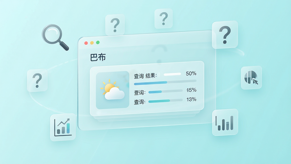 画面中心为一块悬浮的半透明信息面板,面板上显示“巴布”查询结果卡片,包含天气图标与数据条目。面板四周环绕着放大镜、问号、数据图表等简洁图标,背景为淡青色渐变。布局采用环绕式构图,风格清新科技感,细节干净利落,画质清晰通透,无复杂装饰