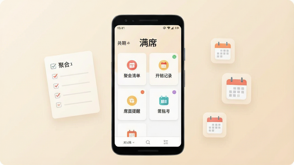 一张展示智能手机界面的产品主视觉图,画面中央是一部竖放的安卓手机,屏幕显示“满席”应用首页,首页上方有“满席”文字标识,中部为卡片式功能入口排列整齐,包含聚会清单、开销记录、席面提醒等模块图标;手机两侧悬浮半透明的清单卡片与日历图标作为装饰,背景为浅米色渐变,整体布局居中对称,风格简约现代、扁平化设计,细节干净利落,画质清晰锐利,无多余元素
