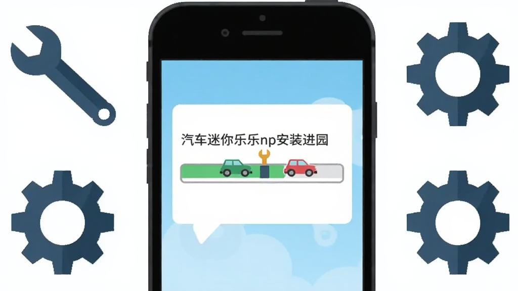 画面主体为一部手机屏幕显示汽车迷你乐园安装进度条,旁边放置扳手和齿轮图标代表设置与修复,布局为手机居中、工具图标环绕,排版简洁对称,风格为扁平化工具插画,细节包括进度条上的小汽车图案,画质干净清晰,无多余元素