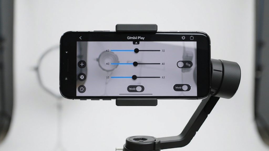 画面中央一部智能手机固定在手持云台稳定器上,手机屏幕显示 Gimbal Play 软件的操作界面,界面包含三轴参数滑块与模式切换按钮,背景为简洁的浅灰色摄影棚环境,主体突出,布局居中对称,风格为写实产品展示,细节包含云台电机纹理与手机屏幕反光,画质清晰锐利,干净无多余元素