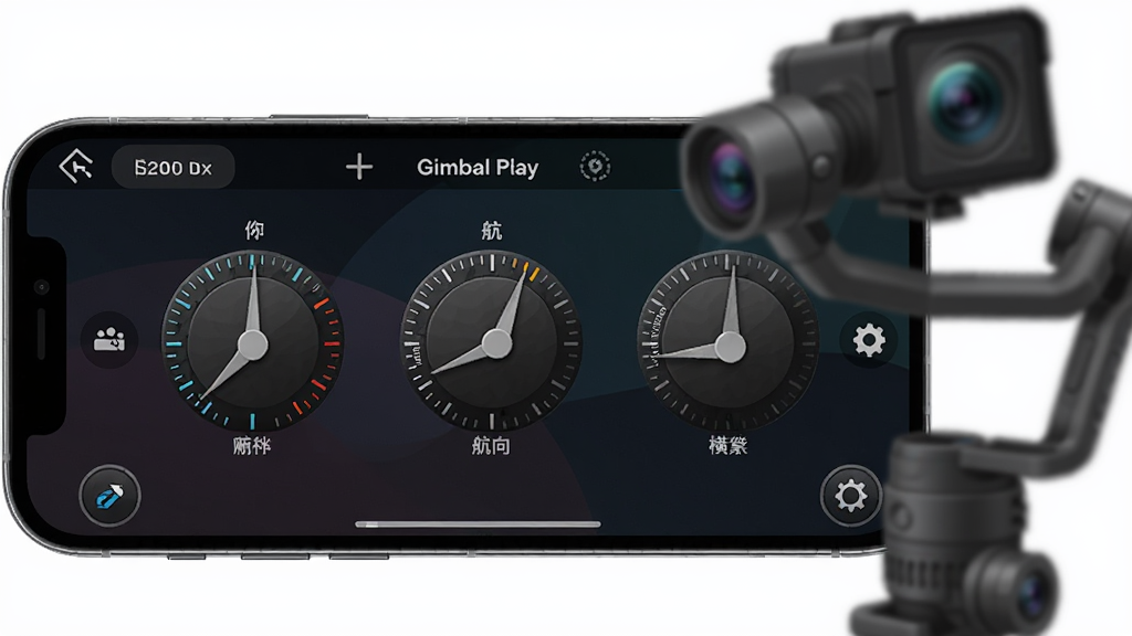 一部手机横屏显示 Gimbal Play 软件的三轴控制界面,界面中有三个圆形刻度盘分别标注俯仰、航向、横滚,刻度盘指针清晰,背景为深色科技感渐变,画面右侧一部云台稳定器处于虚化状态,风格为界面展示插画,细节包含界面按钮的高光与刻度线纹理,画质干净清晰,无多余装饰元素