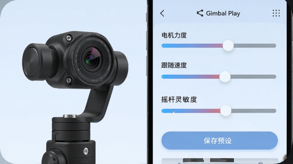 手机屏幕显示 Gimbal Play 软件参数设置页面,页面中有电机力度、跟随速度、摇杆灵敏度三个横向滑块,下方有保存预设按钮,背景为浅蓝色简洁界面风格,画面左侧摆放一台小型云台设备,布局为左右分栏,细节包含滑块轨道的细腻渐变与按钮圆角,画质清晰,干净无杂乱元素
