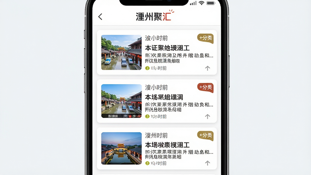 资讯聚合功能展示图,主体为手机屏幕内多条本地新闻卡片纵向排列,布局为上下滚动式列表,排版左侧缩略图右侧标题摘要,风格简洁明快,细节包含时间标签、分类角标与“澧州聚汇”顶部标识,画质清晰、画面干净、无多余元素