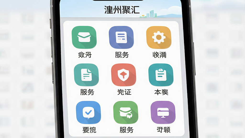 便民服务功能界面,主体为手机屏幕展示九宫格服务图标,布局为三行三列均匀排布,排版每个图标下方配简短中文名称,风格清爽扁平,细节包含“澧州聚汇”页头、圆角图标底色与浅灰背景分区,画质高清、画面干净、无多余元素