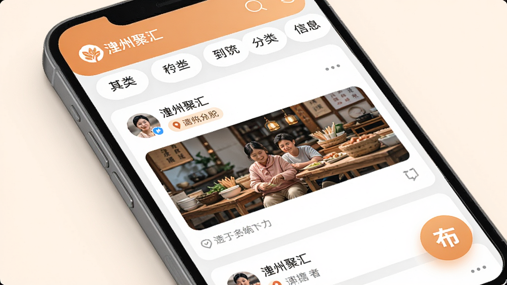 同城互动板块展示,主体为手机屏幕内信息流列表与发布按钮,布局上方为分类标签栏、中部为图文信息卡片、右下角悬浮发布图标,排版错落有致,风格亲和温暖,细节包含“澧州聚汇”标识、用户头像与地点标签,画质清晰、画面干净、无多余元素