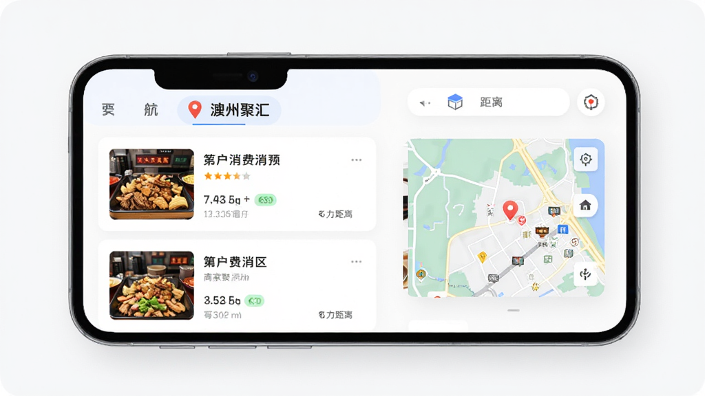 生活消费指引界面,主体为手机屏幕展示商家列表与地图小窗,布局左侧商家卡片右侧地图缩略图,排版信息层级分明,风格现代简约,细节包含评分标签、距离提示与“澧州聚汇”导航栏,画质高清、画面干净、无多余元素