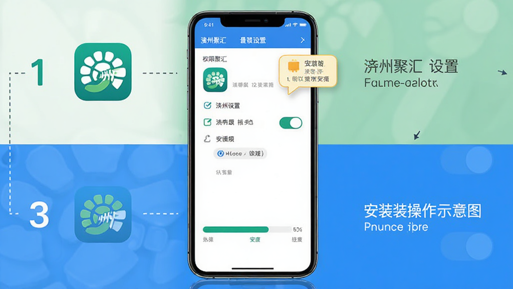 手机应用安装与设置操作示意图,主体为手机屏幕展示权限设置页面与安装进度条,布局上下分栏,排版左侧步骤序号右侧说明文字,风格简洁直观,细节包含“澧州聚汇”应用图标、开关按钮与提示气泡,画质高清、画面干净、无多余元素