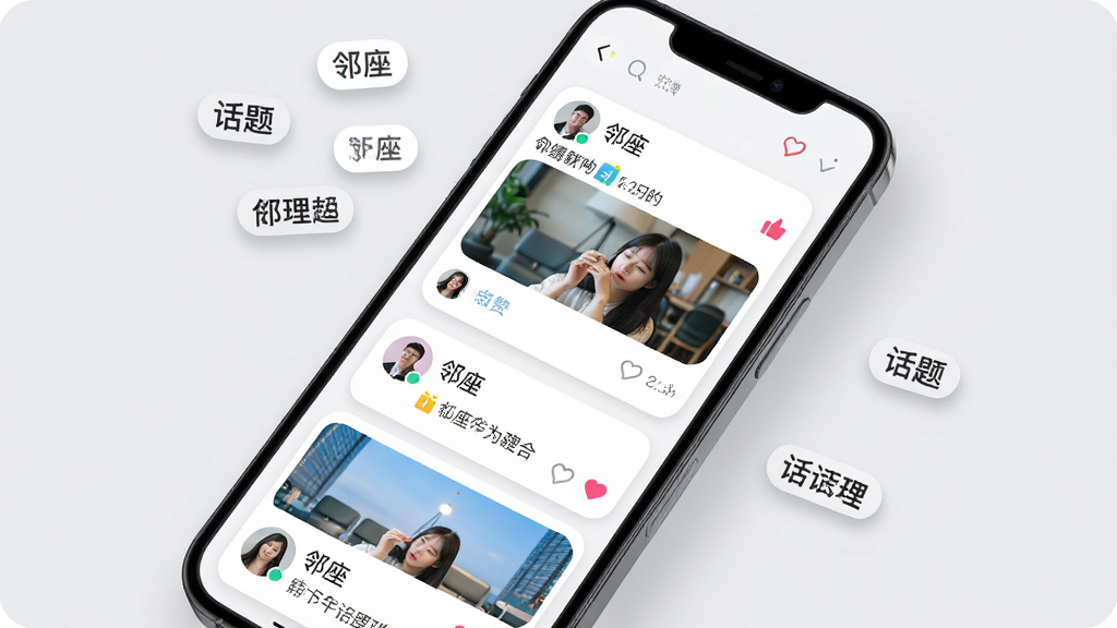 画面主体为手机屏幕中的动态信息流界面,屏幕内展示多条图文动态卡片,卡片上标注