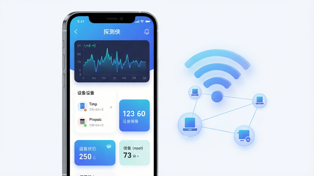 画面主体是一部智能手机竖屏展示,屏幕中央为网络探测类应用界面,界面包含信号波形图、设备列表和网络状态卡片,布局上手机居中偏左,右侧漂浮半透明的Wi-Fi信号图标与设备节点连线,整体排版简洁明快,风格为现代科技扁平化设计,细节处体现蓝色渐变光效与圆角卡片,画质清晰干净,无多余元素,图片中带文字“探测侠”