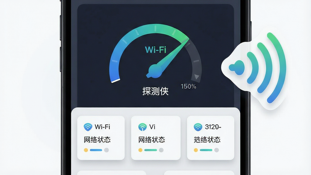画面主体为手机屏幕特写,显示Wi-Fi信号强度仪表盘与网络状态卡片,布局上仪表盘居中偏上,下方排列三张状态信息卡片,右侧悬浮信号波纹图形,排版规整对称,风格为简约商务扁平风,细节包含蓝绿色渐变仪表指针与浅灰卡片阴影,画质高清干净,无多余元素,图片中带文字“探测侠”