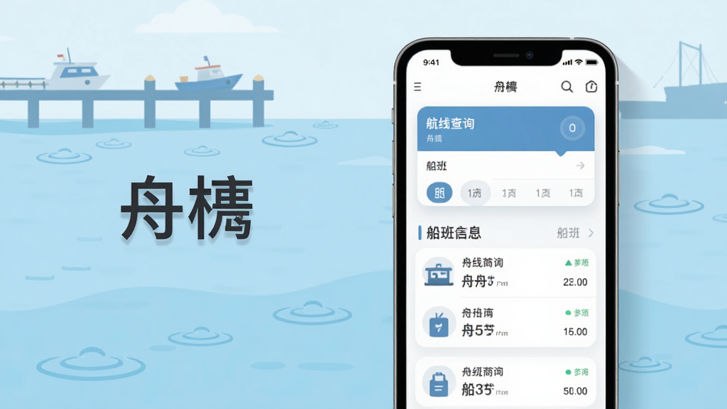 画面主体为一部竖屏智能手机,屏幕中展示舟楫应用首页界面,包含航线查询卡片与船班信息列表,手机置于画面中央偏右;背景为淡蓝色水面与远处码头轮廓,左侧留白放置“舟楫”二字标题;整体采用清爽扁平化插画风格,细节包括水面波纹、简洁图标与柔和阴影;画质清晰干净,构图平衡,无多余装饰元素