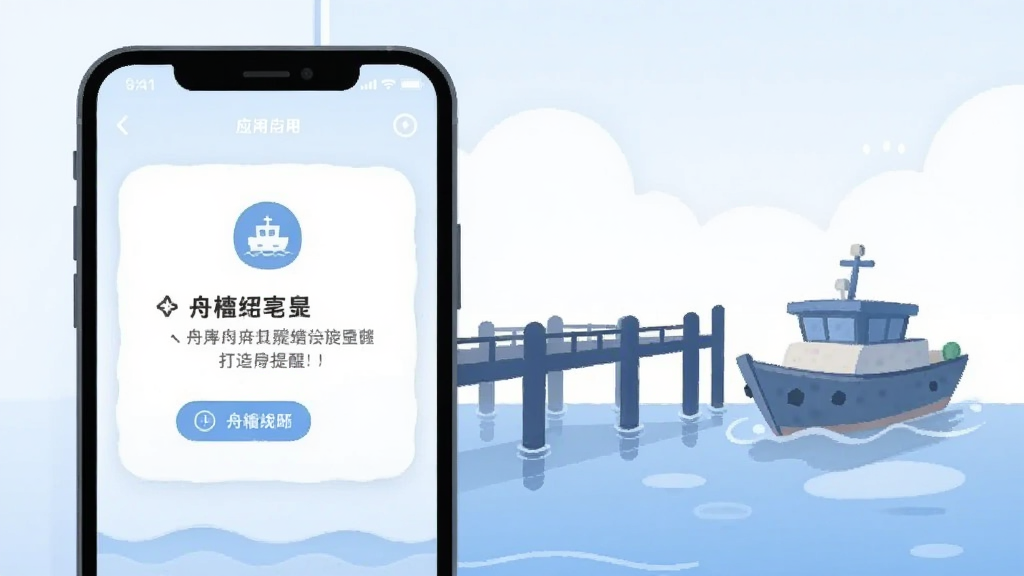 画面主体为手机与码头场景组合,手机屏幕显示舟楫应用提醒界面,旁边配有简洁的码头栈桥与渡船剪影;构图采用左右分栏,左侧手机、右侧场景元素;风格为柔和插画风,色调以蓝白为主,细节包括水波纹理与简洁图标;画质干净清晰,整体协调统一