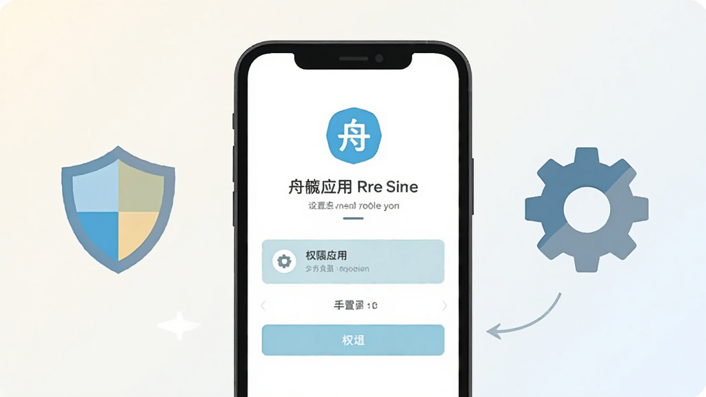 画面主体为一部手机与简洁的提示图标组合,手机屏幕显示舟楫应用的权限设置引导页面,旁边配有盾牌与齿轮图标;构图采用居中对称布局,背景为浅色渐变;风格为扁平化信息图风,细节包括清晰图标与柔和色块;画质干净整洁,无多余元素