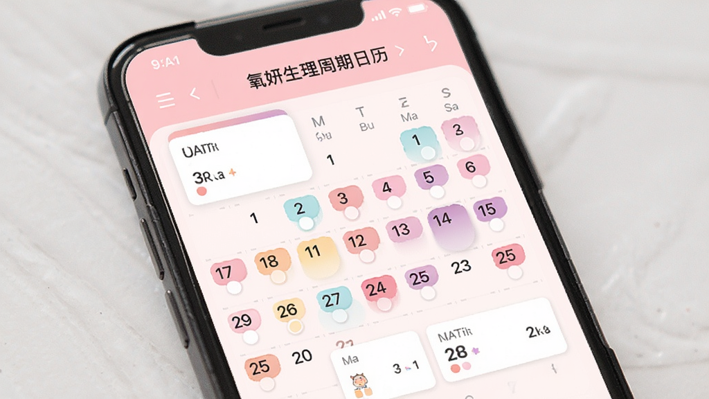 主体为手机屏幕展示氧妍生理周期日历界面,布局为上方月份导航下方彩色标记日历,排版左右对称,风格为柔和粉色系扁平化设计,细节包含圆点标记、渐变高亮日期、简洁数据卡片,画质高清干净无多余元素