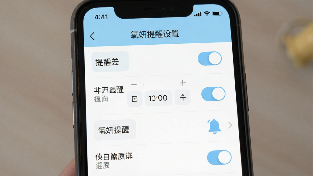 主体为手机界面展示氧妍提醒设置页面,布局为列表式提醒项排列,排版上下分布均匀,风格为清爽浅蓝白配色扁平设计,细节包含开关按钮、时间选择器、铃铛图标,画质高清干净无多余元素