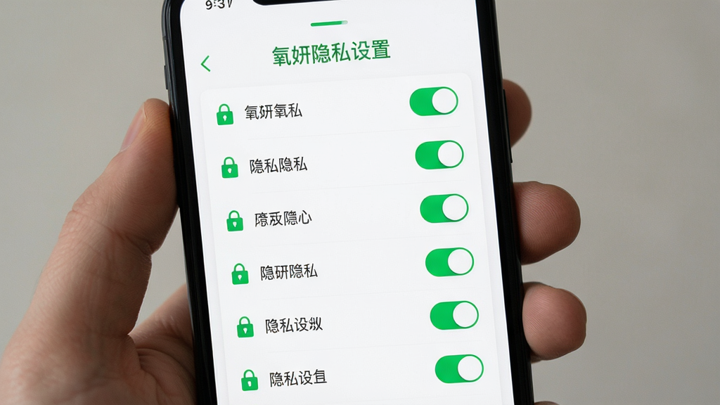 主体为手机屏幕展示氧妍隐私设置页面,布局为顶部标题下方开关列表,排版垂直居中,风格为简约白底绿点缀扁平设计,细节包含锁形图标、开关控件、文字标签,画质高清干净无多余元素