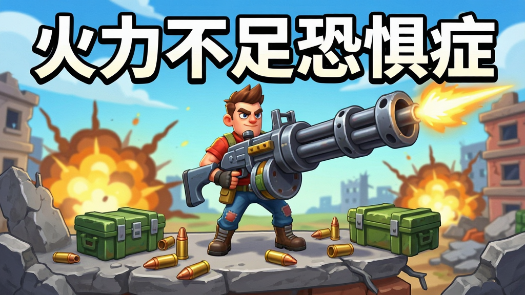 画面中央是一款手机射击游戏的主视觉,主角手持夸张的巨大机枪站在废墟高台上,周围散落着弹壳与补给箱,背景是卡通风格的战场与爆炸火光,画面顶部用醒目粗体字写着“火力不足恐惧症”,整体采用明亮鲜艳的卡通渲染风格,细节丰富,画质清晰干净,无多余杂乱元素