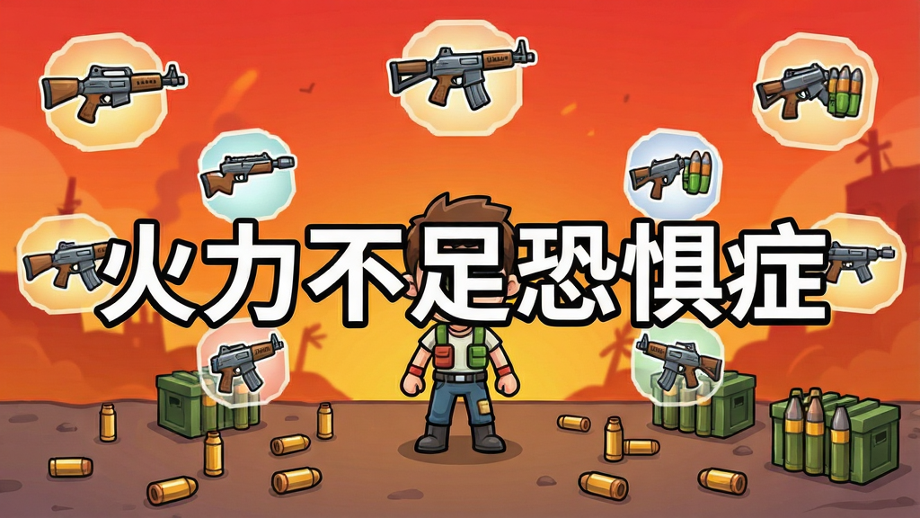 卡通风格的游戏场景截图,画面中一名角色站在中央,四周漂浮着各式各样的枪械图标与弹药箱,地面散落弹壳,背景为渐变橙红色的战场氛围,画面中央用白色描边字体写着“火力不足恐惧症”,整体布局饱满,风格活泼,画质清晰干净