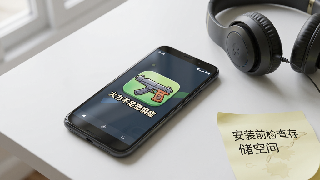 一部安卓手机平放在桌面上,屏幕显示游戏安装完成后的图标界面,图标为卡通枪械造型并带有“火力不足恐惧症”文字,手机旁边放着一副耳机与一张便签纸,便签上写着“安装前检查存储空间”,整体风格简约干净,光线柔和,画质清晰