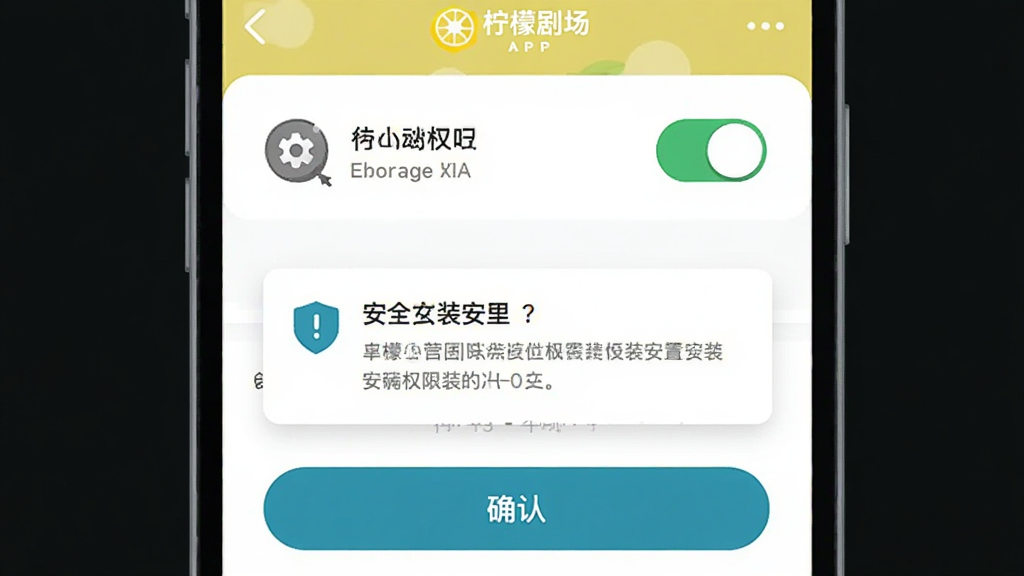 主体为一部手机屏幕显示柠檬剧场APP的安装权限设置界面,布局为居中特写,排版突出权限开关与提示文字,风格为扁平化科技插画,细节包括存储权限图标、安全提示弹窗与确认按钮,画质清晰干净,无多余元素