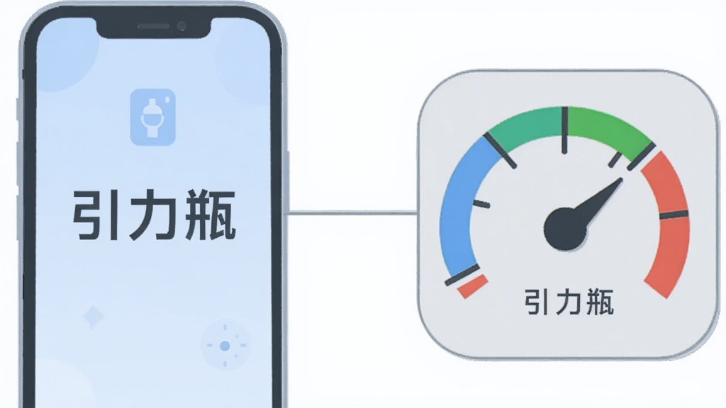 画面主体为一部手机与一个代表性能的仪表盘图标并列,仪表盘指针处于低耗区间,布局上手机在左、仪表盘在右,中间用细线连接;风格为简洁信息图插画,细节包括浅蓝与浅灰配色、圆角图标与细线条;画质干净清晰,画面中标注“引力瓶”字样,无多余元素