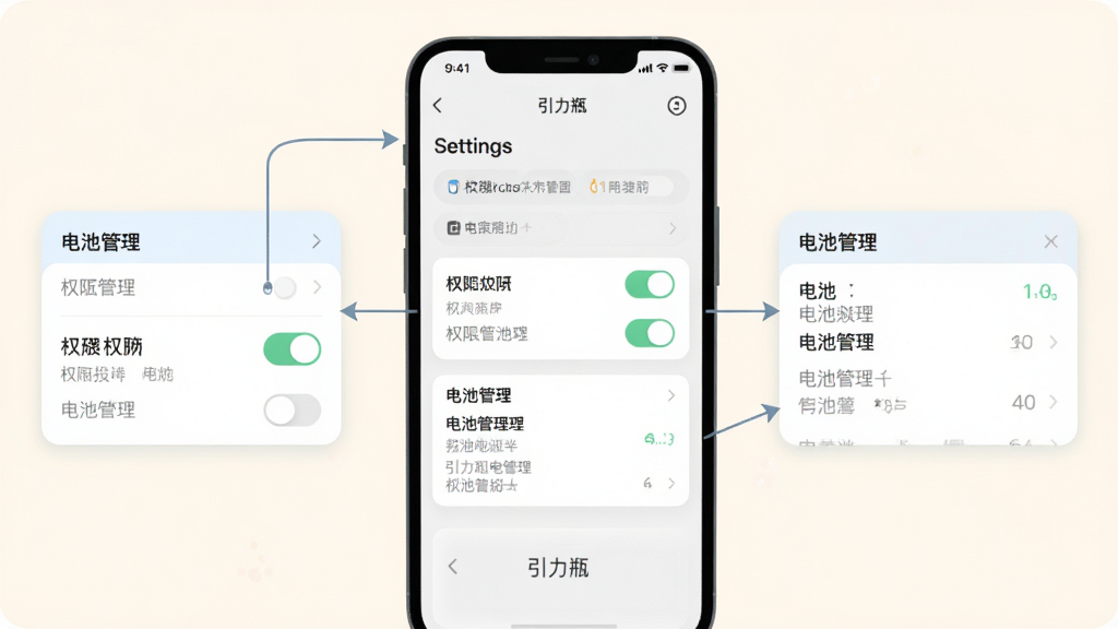 画面主体为手机设置界面截图风格插画,界面中高亮显示权限开关与电池管理选项,布局上手机居中,旁边有箭头指向两个放大的设置项卡片;风格为清爽扁平UI示意插画,细节包括浅色背景、圆角开关图标与细线标注;画质干净清晰,画面中含“引力瓶”字样,无多余元素